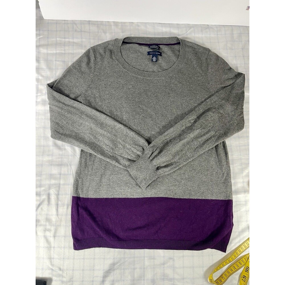 Tommy Hilfiger Women's M Cotton Cashmere Sweater Gray Purple Colorblock Pullover